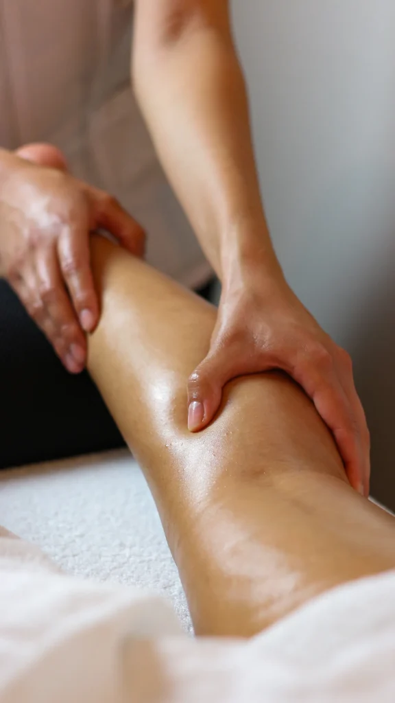 Gestes de massage sur une jambe — photo d’illustration